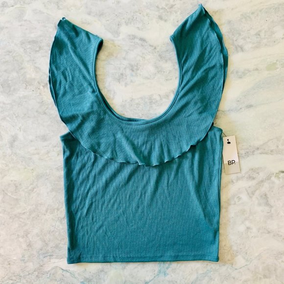 BP Teal Lettuce Ruffle Hem Scoop Neck Rib Tank Top - Picture 2 of 7